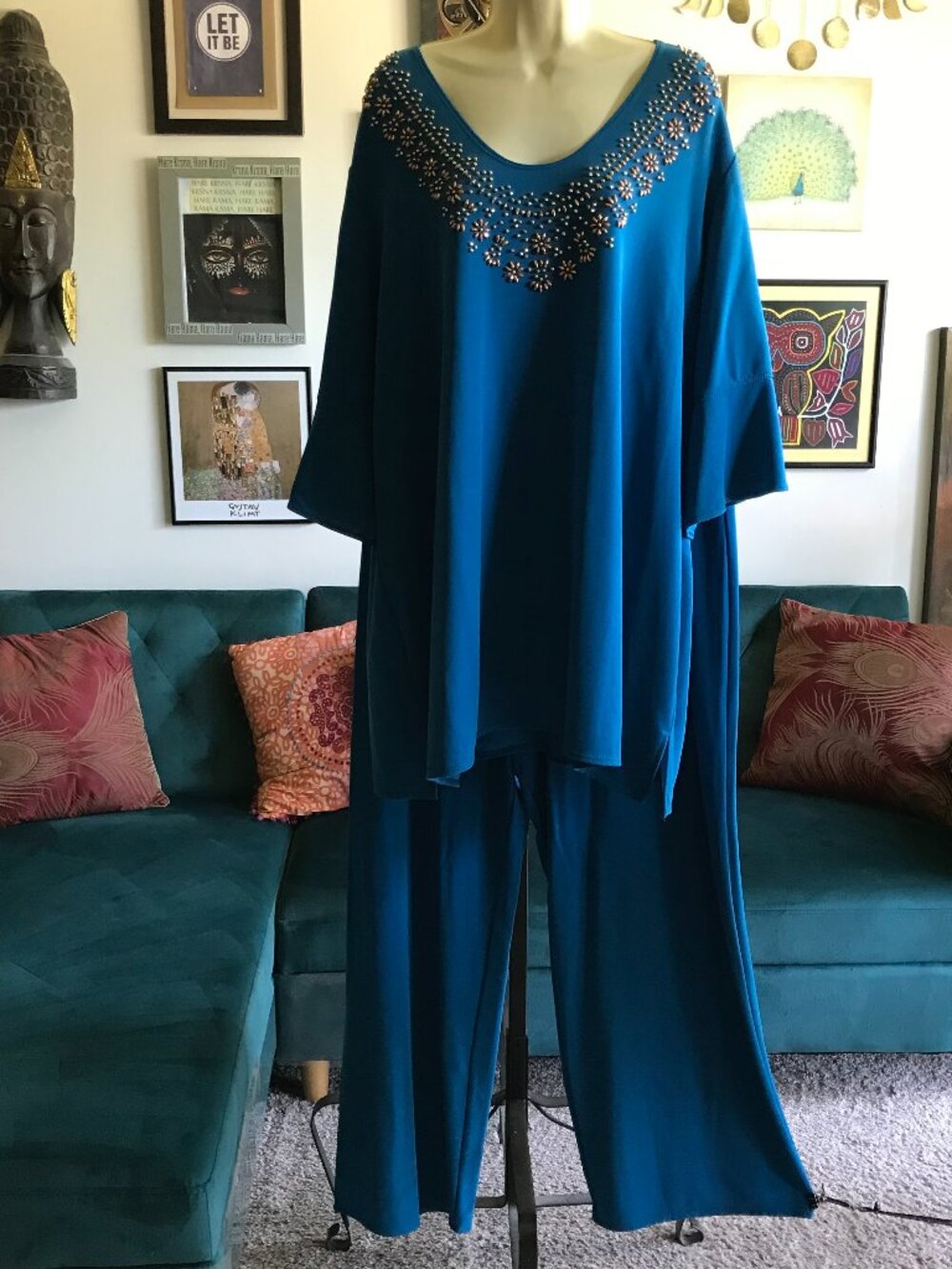 SUSAN GRAVER size 3X Blue Lustra Knit Stretch Embellished Tunic & Pants 2 Pc Set